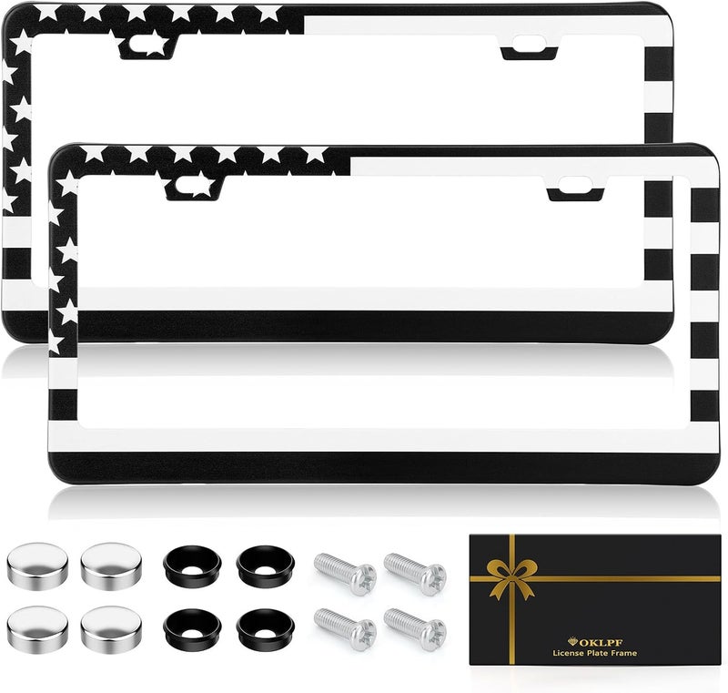 Premium American Flag License Plate Frame, Black License Plate Frame, Black Aluminum License Plate Cover, Matte License Plate Front and Rear 2 Packs. (2 Holes), Come with Screw Cap, Screw,Washer